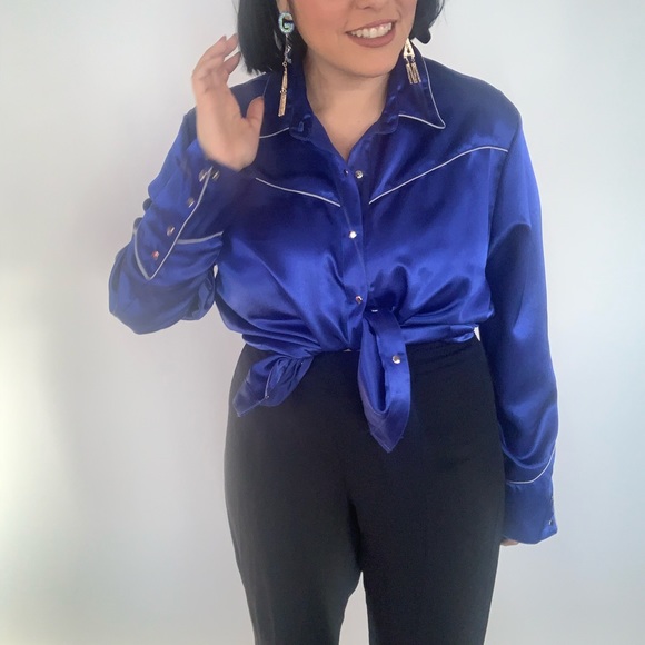 Vintage 80s Western Satin Slap Button Blouse S M L - Picture 3 of 8